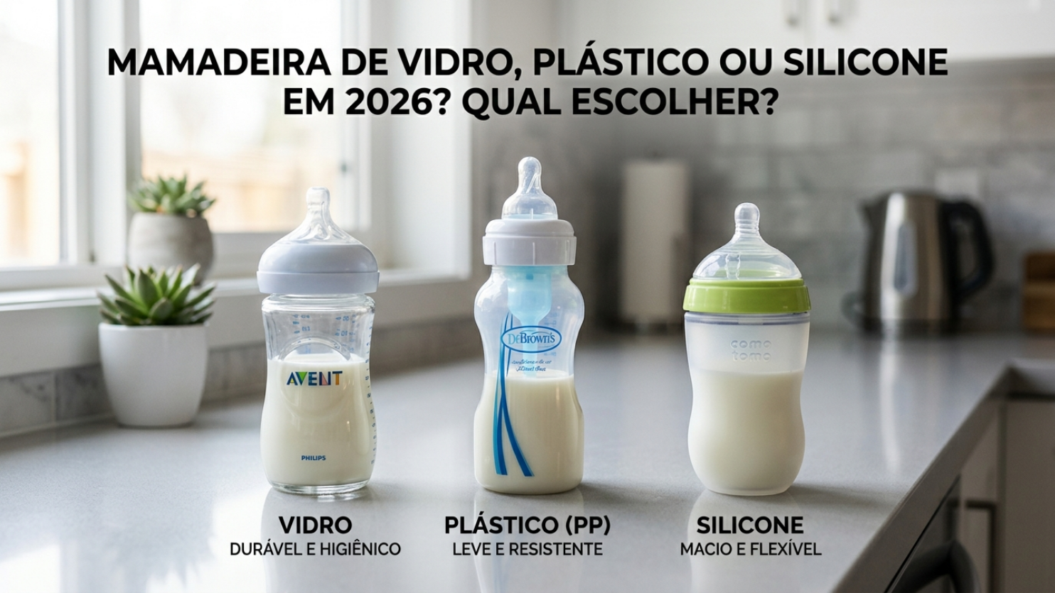Mamadeira de vidro, plástico ou silicone em 2026